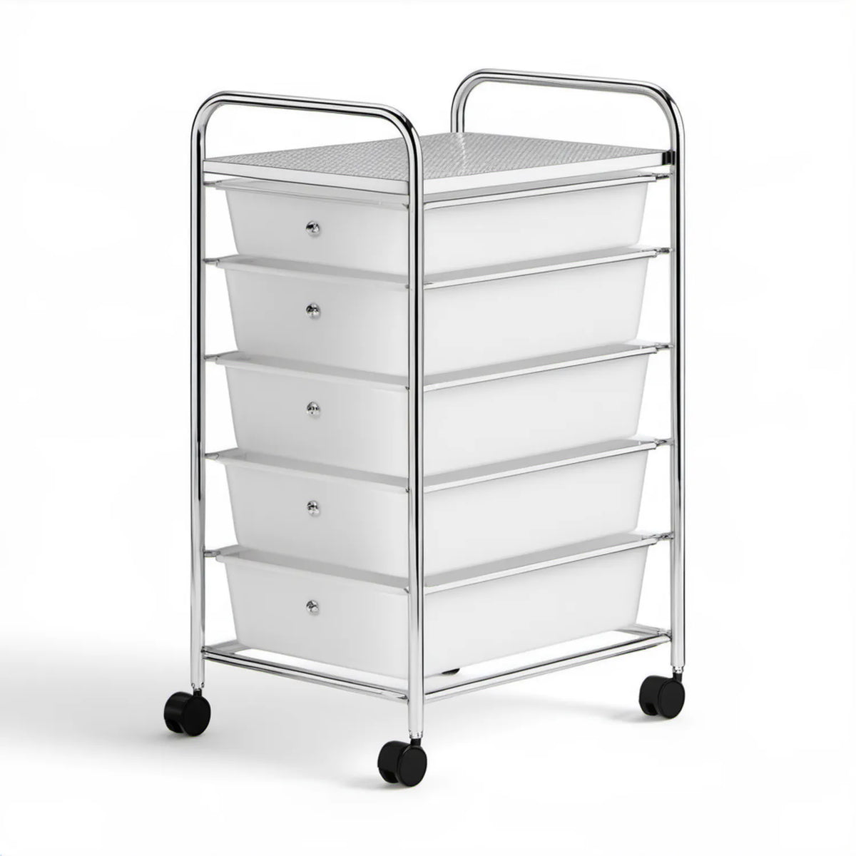 Mobilny organizer z 5 szufladami, stal chromowana i PP, biały/srebrny, 33 x 39 x 77 cm