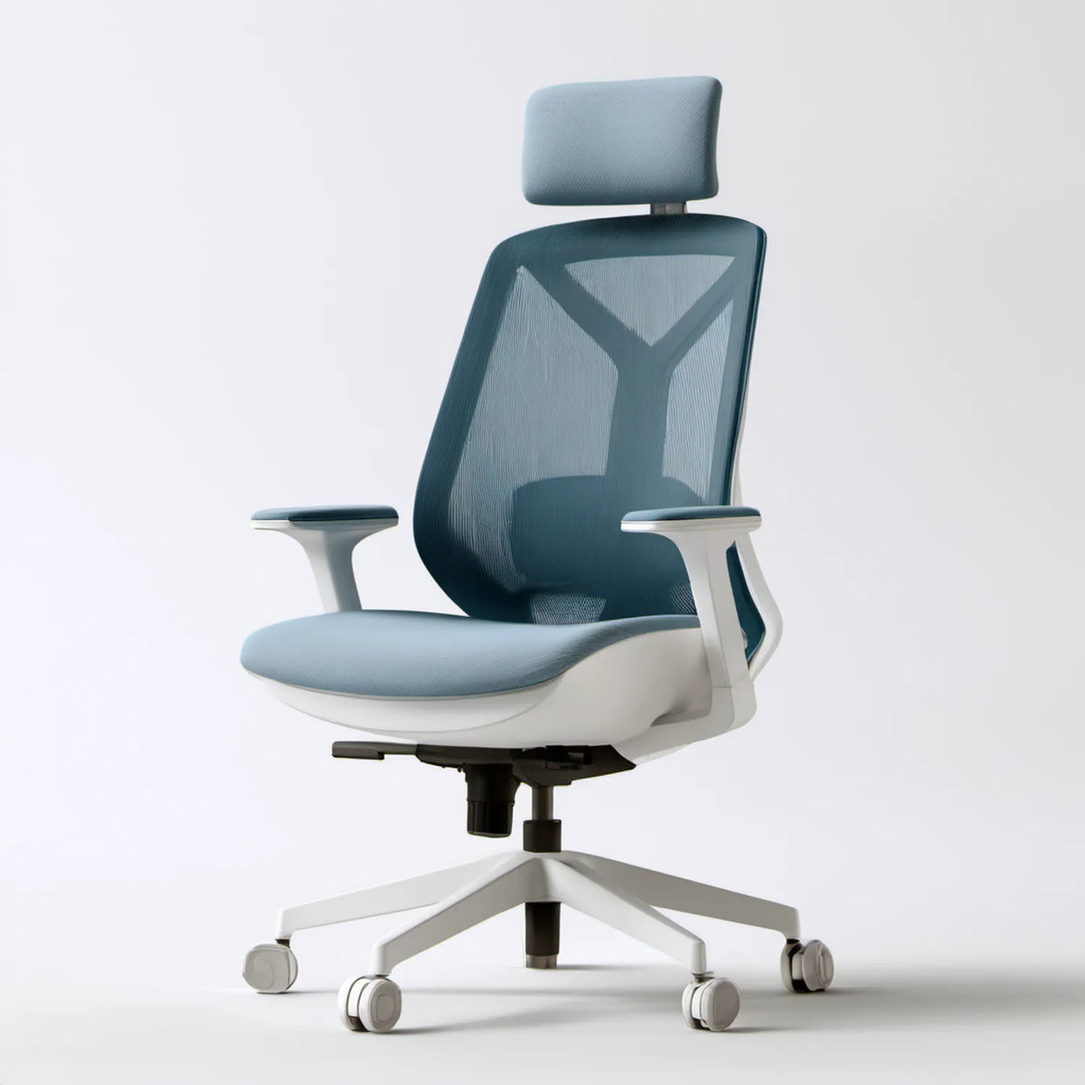 Ergonomiczny fotel biurowy obrotowy z siatkowym oparciem i zagłówkiem, niebiesko-biały, 66 x 65 x 116-126 cm