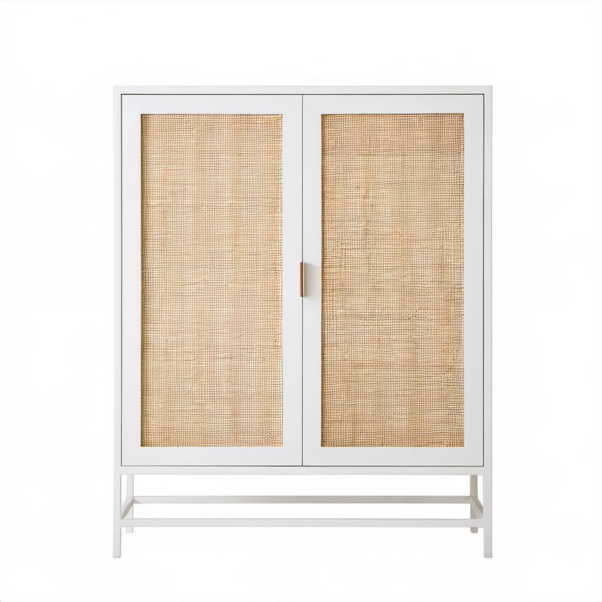 Biała szafka stalowa z frontami z naturalnego rattanu 90 x 40 x 120 cm