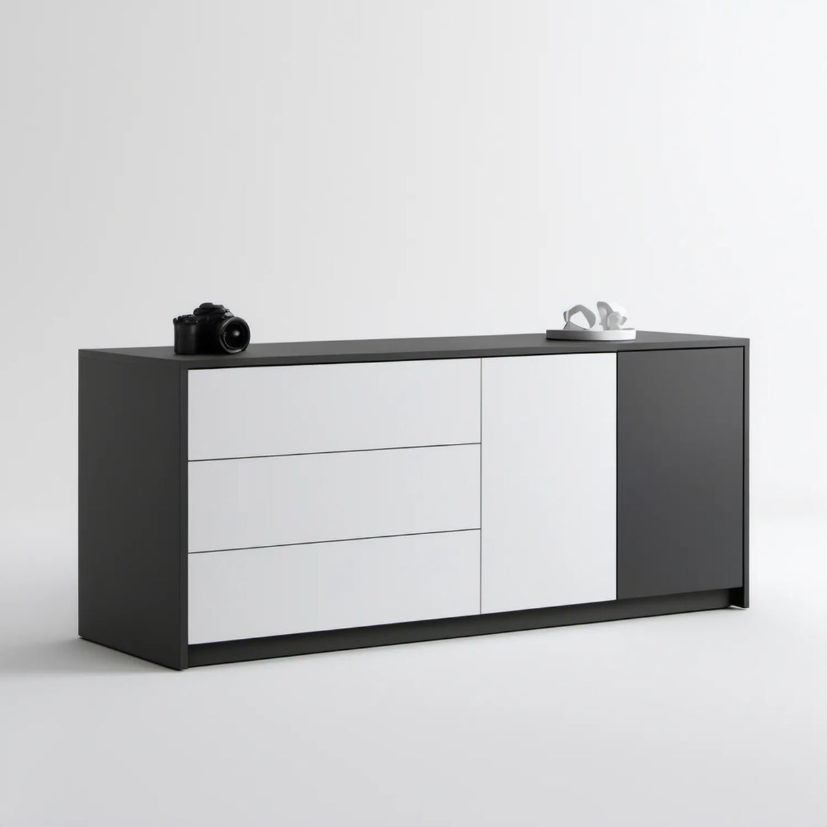 Komoda czarno-biała 160 x 40 x 80 cm z 3 szufladami i 2 drzwiami