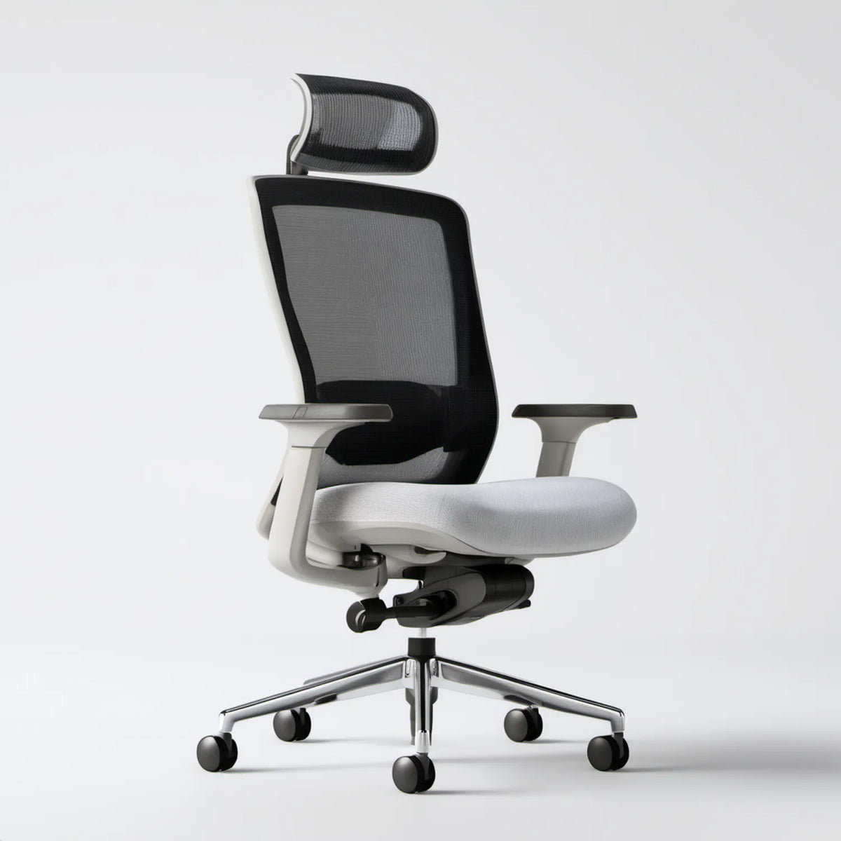 Ergonomiczny fotel biurowy obrotowy z regulowanym zagłówkiem, biało-czarno-srebrny, 65 x 65 x 116–126 cm