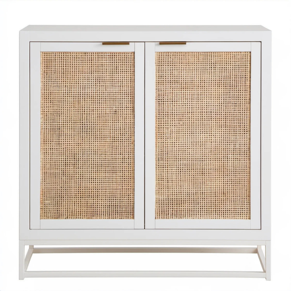 Biała szafka z plecionką rattanową i złotymi uchwytami 80 × 40 × 90 cm
