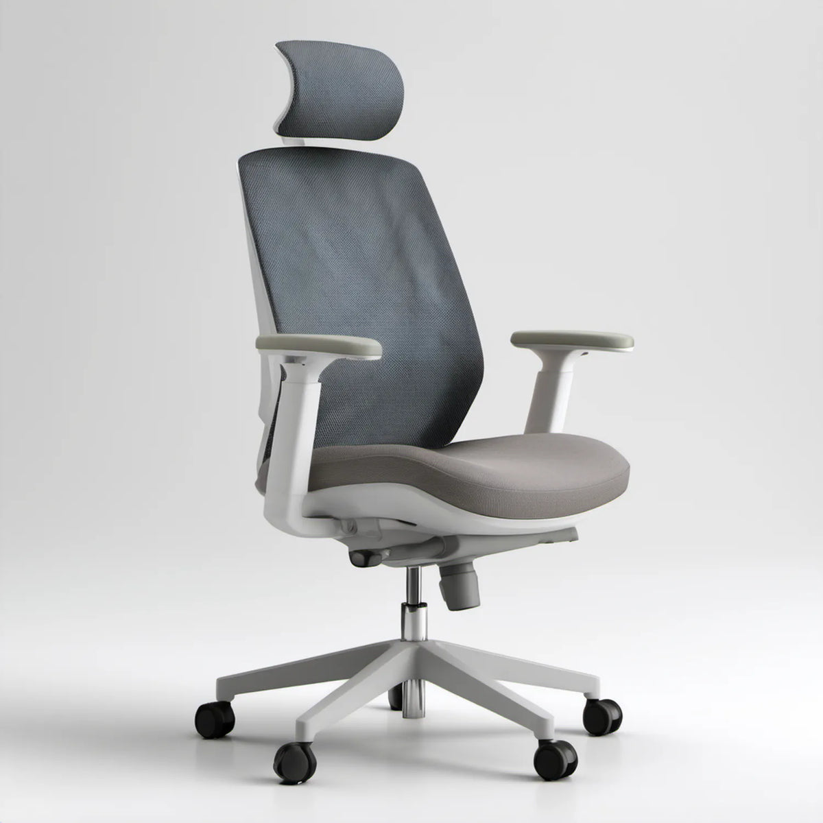 Ergonomiczny fotel obrotowy z zagłówkiem i oparciem z siatki, szaro-biały, 65 x 65 x 118–128 cm