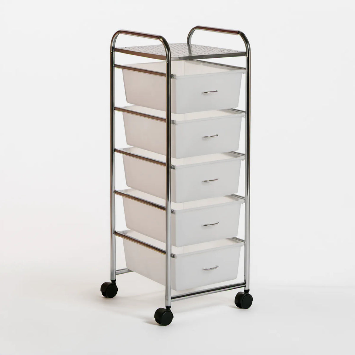 Mobilny wózek z 5 szufladami, chromowana stal i białe PP, 42 x 37 x 86 cm