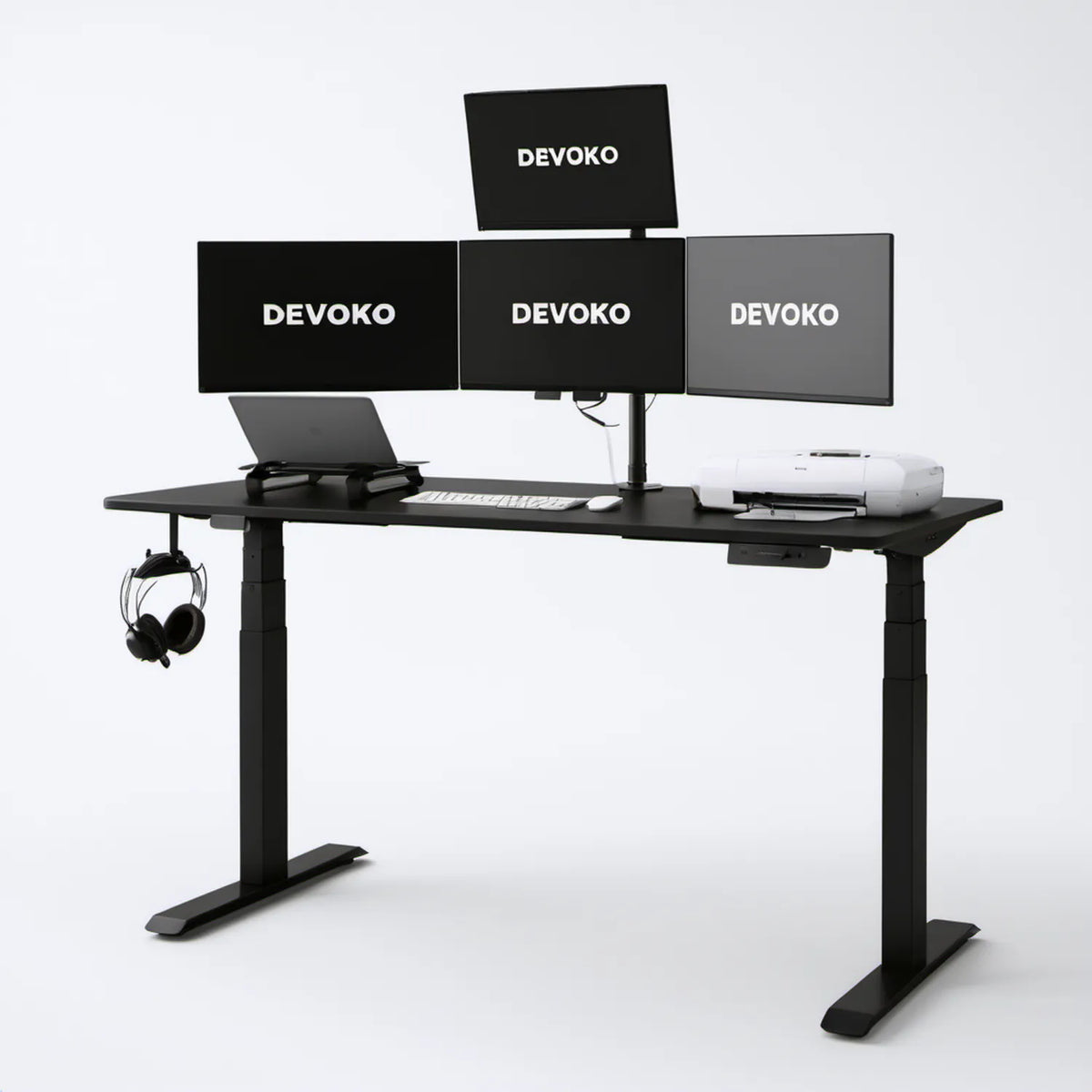 Elektrycznie regulowany stół 160 x 80 cm z uchwytem na 4 monitory, czarny